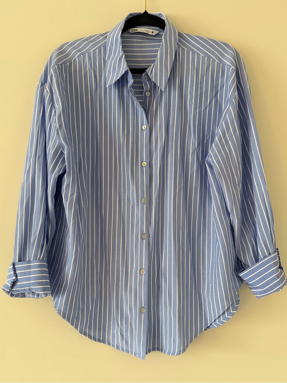 Zara Women's Light Blue and White Pinstripe Button-Down Shirt